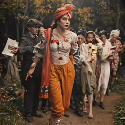 woman dressed in orange outfit walking down a path
