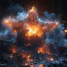 a fire in the middle of a bunch of debris