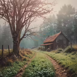 a dirt road leading to an old fashioned barn