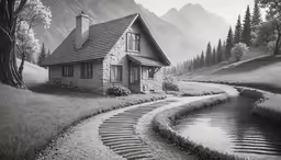 a beautiful house on a mountain landscape by a stream