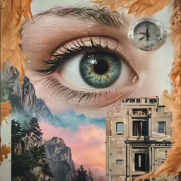 an eye and buildings with trees inside of them