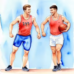 a pair of men with balls in their hands,two men are holding a basketball while standing next to each other,two basketball players in red and blue uniforms, one holding a ball,two men are smiling holding basketballs with red and blue shirts,a painting of two men one of them is holding a ball