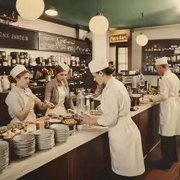 a group of people standing at a counter in a bakery