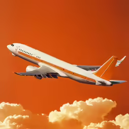 a plane is flying through the air with an orange sky behind it