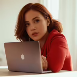 a woman in red sweater using her apple laptop computer