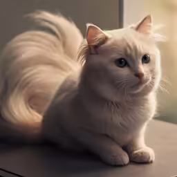 the white cat sits on a wooden table