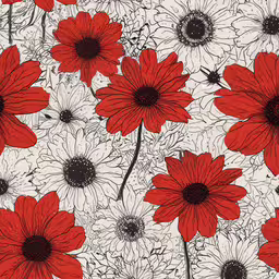 the image is of red flowers on a white background,a pattern of red daisies