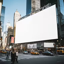 two people walking on the street in front of a large billboard