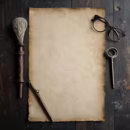 an old paper, pipe, pen and other items sit on top of a table