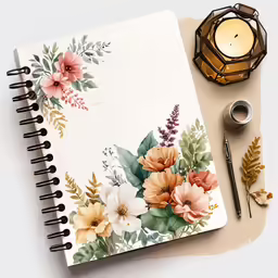 an open notebook with flowers on it next to a candle and pens