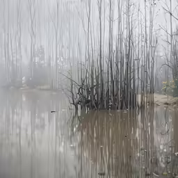 rain falling onto trees with a small body of water