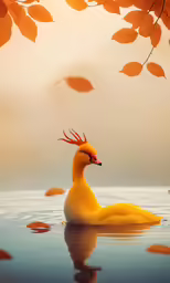 a duck with an orange mohawk floating on water