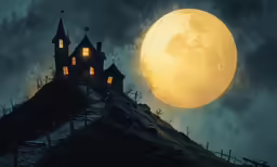 a large full moon sitting over some very creepy looking houses