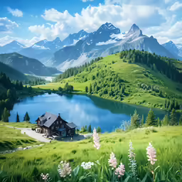 a painting of a house in the mountains