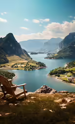 a wooden bench sits on a grassy field near some water