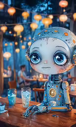 a blue robot doll sitting on top of a wooden table