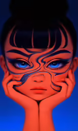 a beautiful woman with blue makeup and dark hair