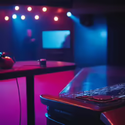 a purple room lit up by colorful lights