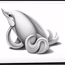 a white square paper with a black and white drawing of a squid