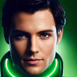 a man with a glowing green neck tie and dark hair