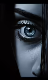 a person with blue eyes and makeup looks at the camera