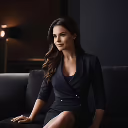 a woman in a black dress sitting on a couch
