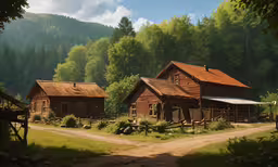 several buildings in an open field and forest area,a dirt road leads up to two houses with straw roofs
