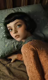 a young girl is shown laying on the bed