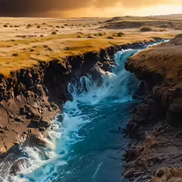 a stream running into a canyon between two rocks