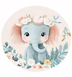 a blue elephant wearing flowers with its trunk up