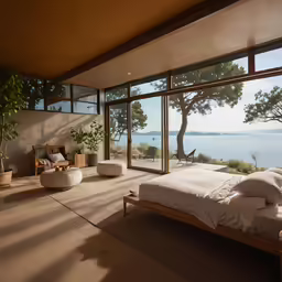 a bedroom with some windows over looking the ocean