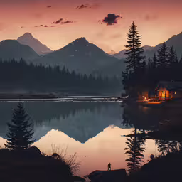 a small cabin by the lake with some trees in it,a dark photo of a lake and mountain range