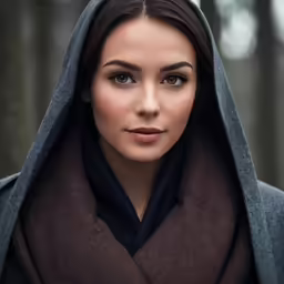 the hooded woman is wearing a shawl