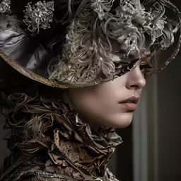 an artistic photo of a woman in glasses wearing a hat with feathers and laces