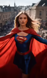 a woman dressed as superman poses for the camera