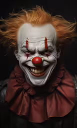 clown with orange hair and red eyes looks at the camera