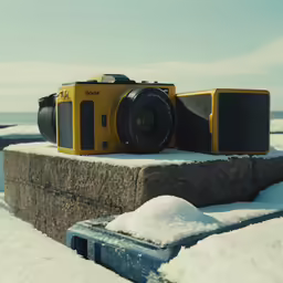 yellow camera and some snow near the water