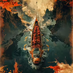 a boat with a rowboat on its back flying through the water