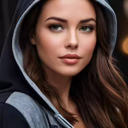 the girl in a hoodie poses for a photo