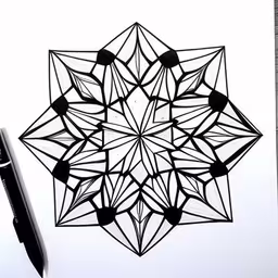 the drawing on the white paper is very nice,an artistic drawing is on the white paper,a drawing with some sort of geometric design,a black pen drawing a small geometric design,black pen on white paper, with the graphic art of a geometric pattern