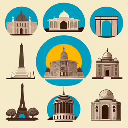 a poster with different architectural symbols for the city,a variety of different types of buildings