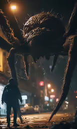 a large spider with a man standing under it
