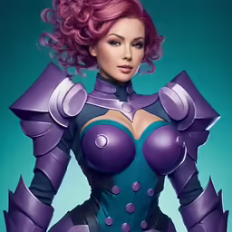 an animated woman with big breasts, a purple outfit, and gloves