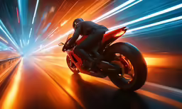 a man riding a red motorcycle through a tunnel of light