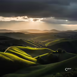 a scenic sunset over rolling green hills