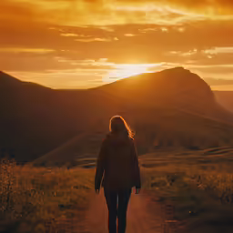 a person walking down a dirt road as the sun sets