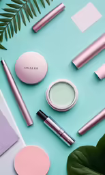 various types of beauty products arranged on a blue and pink background