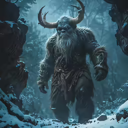 a male horned beast standing in the middle of a forest