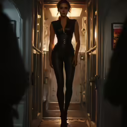 a woman in latex and heels walking up an elevator