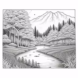 a drawing of trees and river in a mountain forest,a pencil drawing of a creek surrounded by trees,a black and white painting with trees in the background,a pencil drawing of a stream with trees,a drawing of the river near the forest